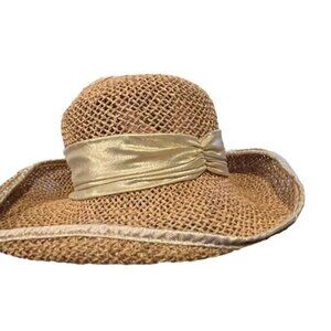 Flip Brim Bucket Style Straw Hat Tan Gold Trim BOHO‎ Cottagecore Sun Pool Beach